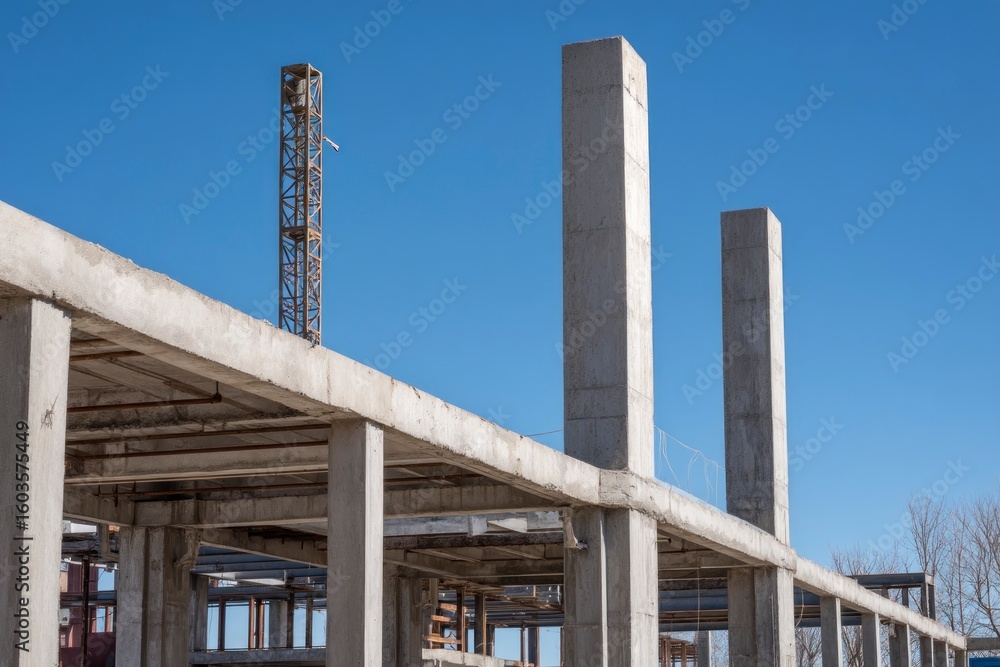 Construction site showing concrete building frame and crane against a clear blue sky Construction site showing concrete building frame and crane against a clear blue sky