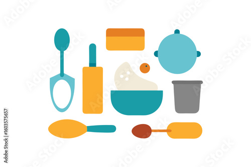 Flat Lay Vector Illustration of Baking Ingredients and Tools on White Background
