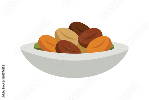 Mixed nuts assortment in a white dish on a clean white background