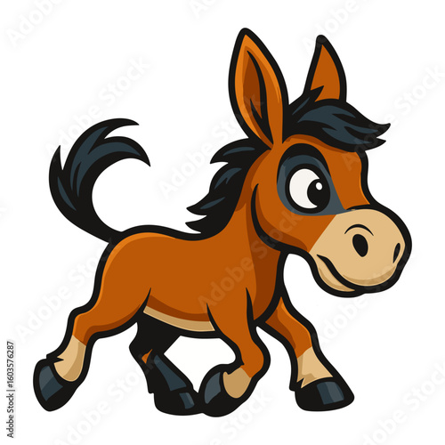 Cartoon style donkey trotting with a cheerful expression