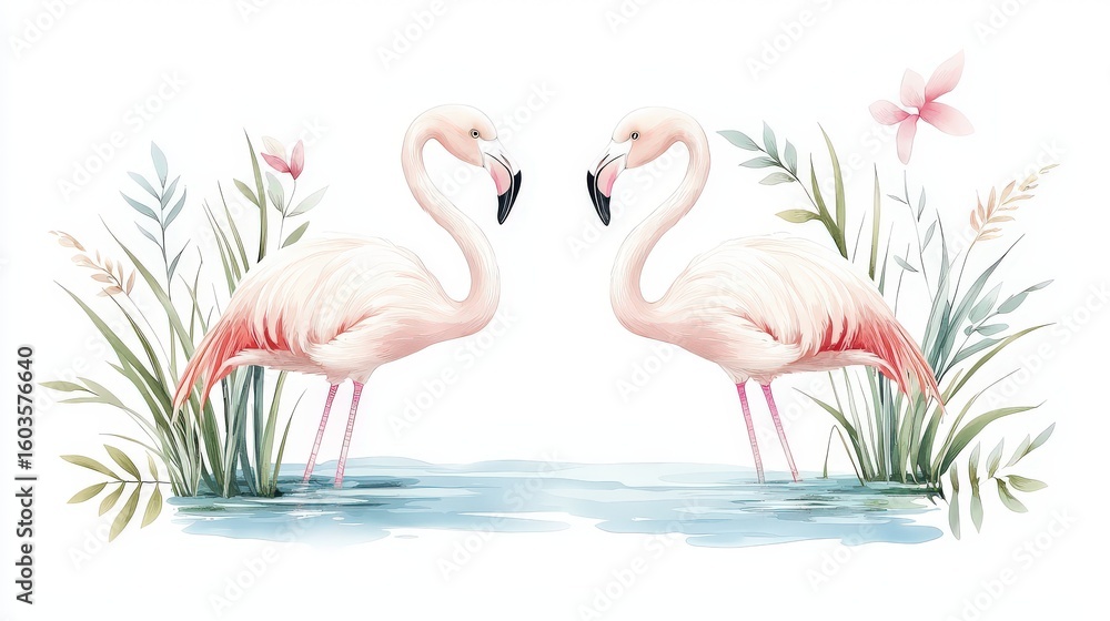 Obraz premium Mezzotint style vintage illustration of twin flamingos by the water, detailed strong grain lines, symbolizing togetherness and nature observation, composed as textile design