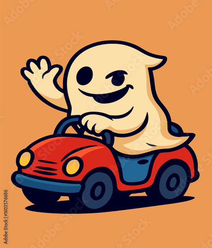 A cheeky ghost squeezes into a tiny toy car, waving mischievously with a sly smile—playful and bold on a solid color background.
