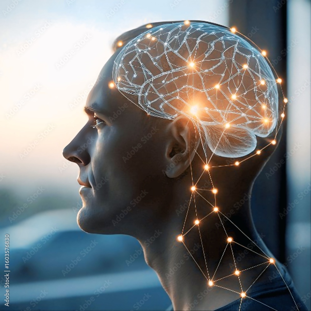 Obraz premium Side Profile of Woman with Digital Brain Interface, AI Concept