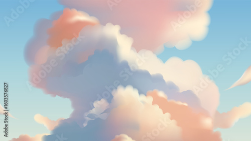 Sky filled with large, volumetric clouds in soft pastel shades of blue, pink, and orange, suggesting a sunrise or sunset