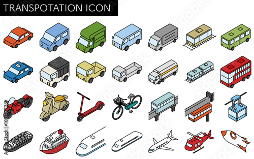 Vehicle icon set, set of simple and cute isometric line drawing icons of bicycles, motorcycles, cars, public transportation, etc