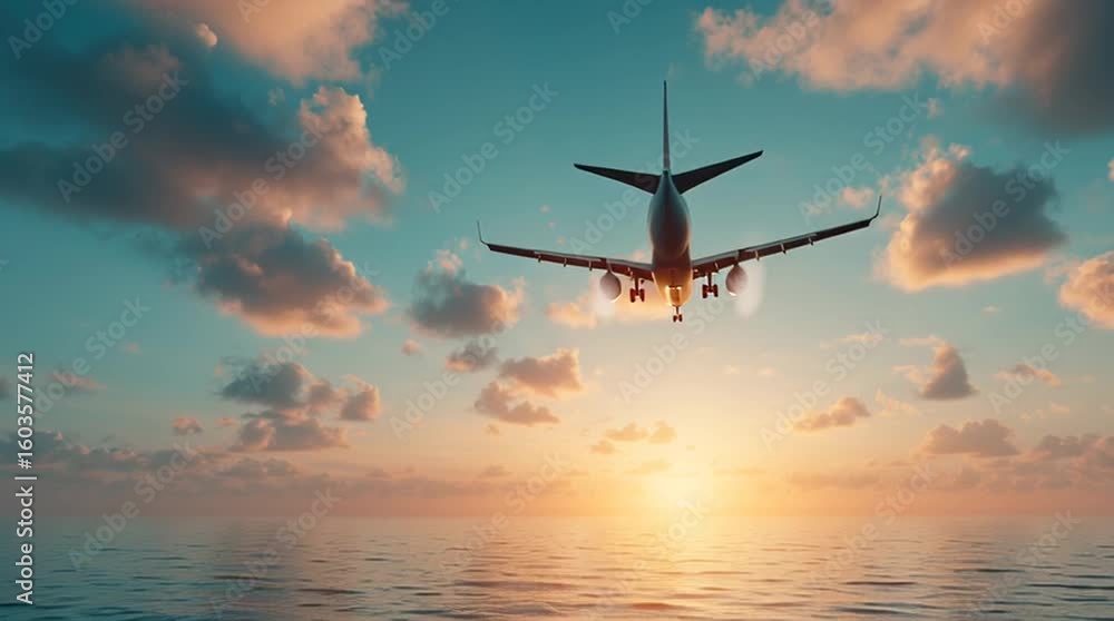 Airplane flying over the ocean during sunset with clouds in the sky and sun reflecting on water Airplane flying over the ocean during sunset with clouds in the sky and sun reflecting on water