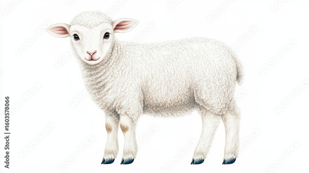 Fototapeta premium Vintage whimsical textile design etching illustration depicting a charming lamb, detailed with ornate line textures and soft shading, isolated on white background