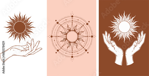 Hands cradle radiant sun symbols evoking warmth, hope, and celestial energy for unique designs