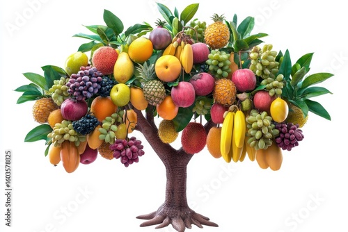 Tree with all tropical fruits hanging together isoleted on white background