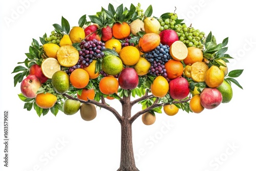 Tree with all tropical fruits hanging together isoleted on white background