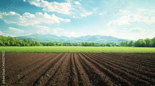 A vast, expansive field of lush green grass with a clear, blue sky above and distant mountains in the background.