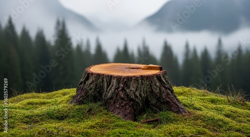 A weathered tree stump sits on a mossy hill with a misty forest and mountains in the background