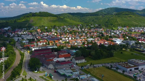 Aerial view of the city Metzingen in Germany.  On a sunny day in spring