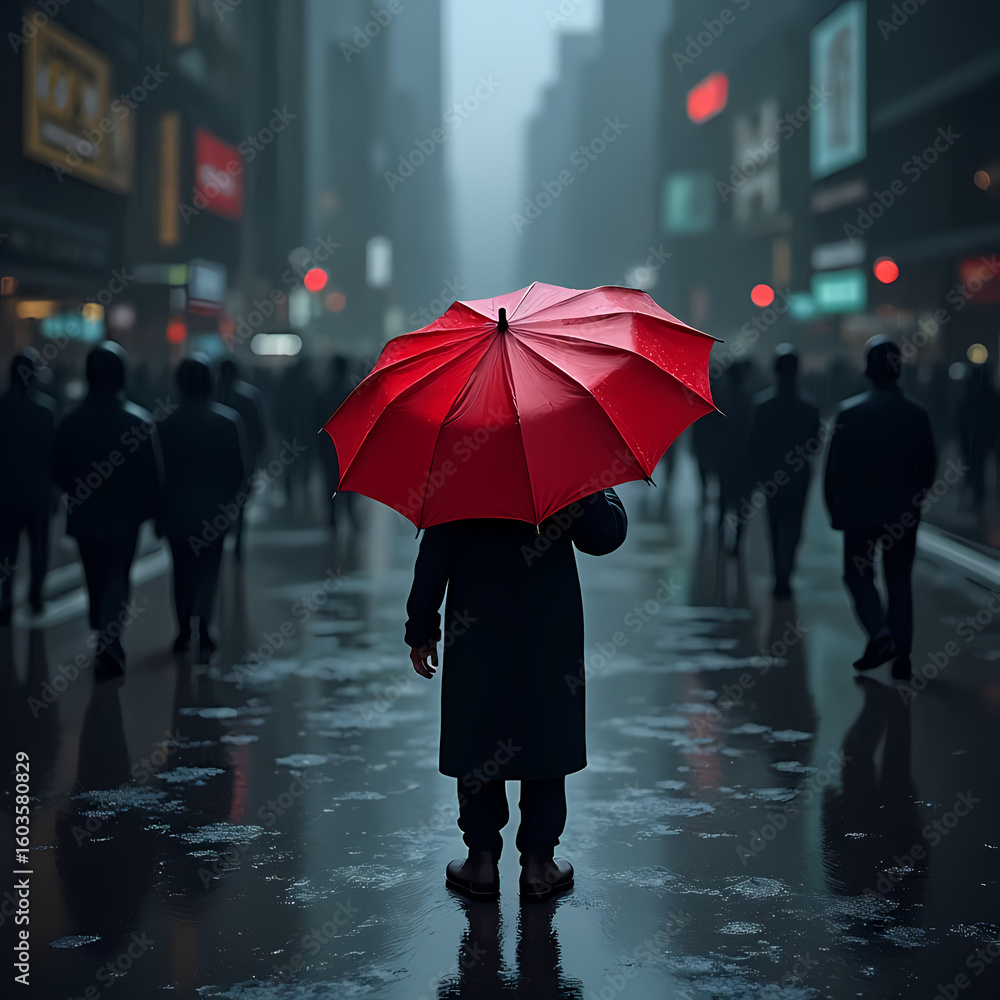 Obraz premium HIV Awareness, A single red umbrella standing in the rain among black ones