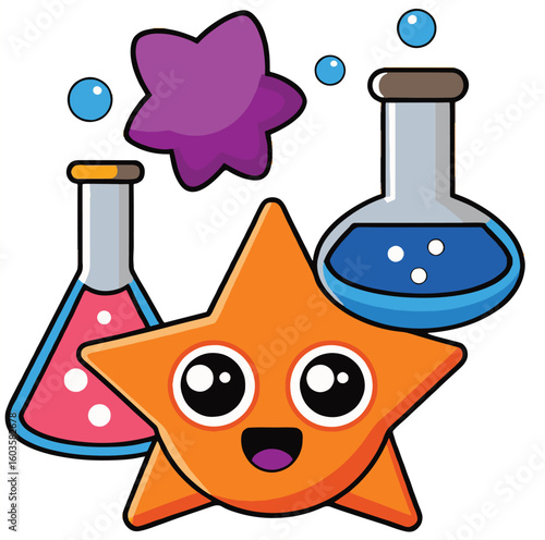 Funny cartoon animal scientist, a cute cat character holding a flask, smiling with orange and red accents, in a fun isolated vector illustration