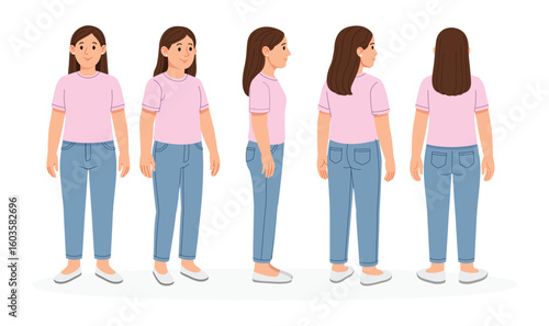Cartoon Casual Female Character Turnaround Sheet – Front, Side, and Back Views in Casual Outfit (Pink T-Shirt and Blue Jeans)