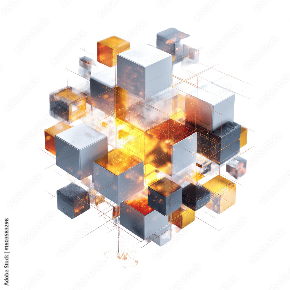 Obraz premium Abstract 3D cube cluster, various colors, glowing core