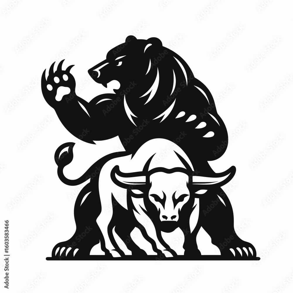 Obraz premium Bear clawing bull defensive. Retro Cartoon Clipart Silhouette Stock Vector Line Art Illustration. Market decline opposing gain guard action.