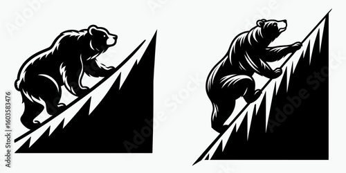 Bear climbing steep slope. Retro Cartoon Clipart Silhouette Stock Vector Line Art Illustration. Large mammal ascending incline a rugged terrain journey wild animal moving.