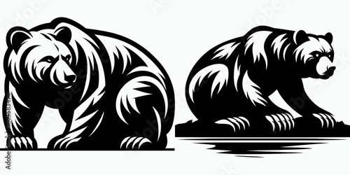 Bear crouching ambush mode. Retro Cartoon Clipart Silhouette Stock Vector Line Art Illustration. Wild beast low posture for hidden attack predator lurking strategy.