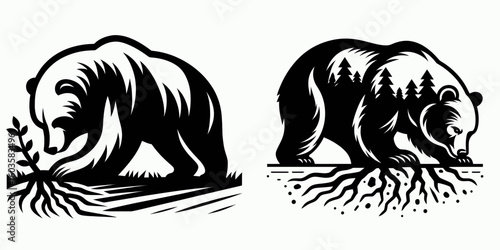 Bear digging for roots. Retro Cartoon Clipart Silhouette Stock Vector Line Art Illustration. Bruin excavating plant part a wild animal finding grub underground.