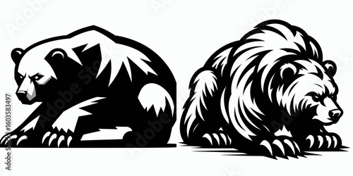 Bear crouching ambush mode. Retro Cartoon Clipart Silhouette Stock Vector Line Art Illustration. Predator lurking pose wildlife hunt tactic animal attack preparation.