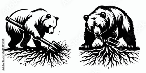 Bear digging for roots. Retro Cartoon Clipart Silhouette Stock Vector Line Art Illustration. Large mammal excavating soil plant bulb.