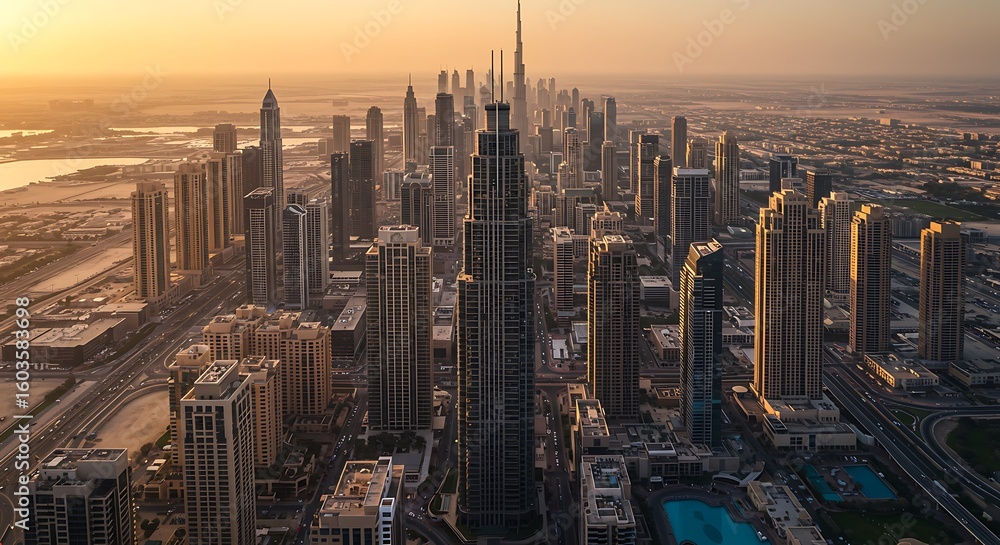 Obraz premium An urban perspective on Aerial view to houses and villas with Golf course with green lawn and lakes timelapse. Traffic on streets. Warm evening light