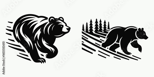Bear running fast downhill. Retro Cartoon Clipart Silhouette Stock Vector Line Art Illustration. Wildlife moving rapid down a slope steep terrain motion animal locomotion.