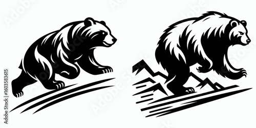Bear running fast downhill. Retro Cartoon Clipart Silhouette Stock Vector Line Art Illustration. Bruin sprinting swiftly slopeward a wildlife motion picture scene on grade.