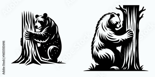 Bear scratching tree bark. Retro Cartoon Clipart Silhouette Stock Vector Line Art Illustration. Wild mammal rubbing wood  bark abrasion natural habitat habit.