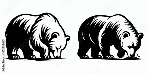 Bear sniffing ground curiously. Retro Cartoon Clipart Silhouette Stock Vector Line Art Illustration. Mammal using nose locating aroma at earth level with wonderment.