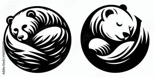 Bear sleeping curled ball. Retro Cartoon Clipart Silhouette Stock Vector Line Art Illustration. Animal resting tucked compact sphere wildlife slumber round shape.