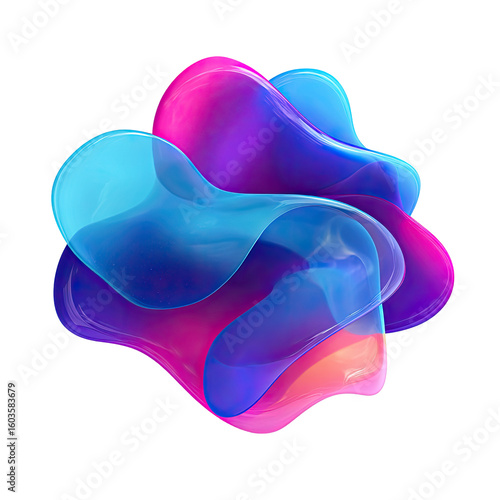 Abstract, vibrant, fluid forms in fuchsia, blue, and purple, merging into a dynamic cluster