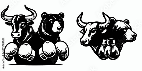 Bull and bear boxing gloves. Retro Cartoon Clipart Silhouette Stock Vector Line Art Illustration. market struggle punch mitt investment game hand protector.