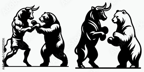 Bull and bear boxing stance. Retro Cartoon Clipart Silhouette Stock Vector Line Art Illustration. Market combat pose aggressive animal versus defensive posturing.