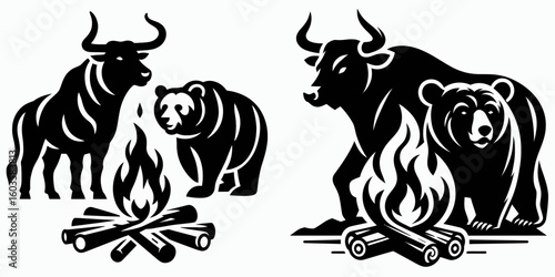 Bull and bear camping fire. Retro Cartoon Clipart Silhouette Stock Vector Line Art Illustration. Market trend outdoor rest flame upward climb downward plunge blaze.
