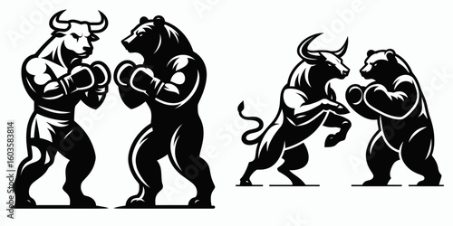Bull and bear boxing stance. Retro Cartoon Clipart Silhouette Stock Vector Line Art Illustration. Market combat posture finance animal advance versus decline fight form.