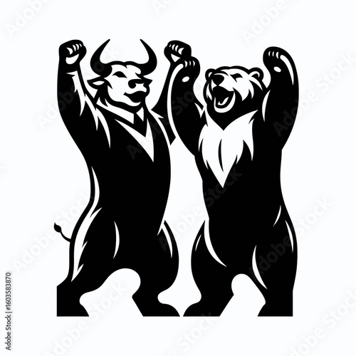 Bull and bear cheering victory. Retro Cartoon Clipart Silhouette Stock Vector Line Art Illustration. market uplift approval financier triumph gladness finance champion glee.