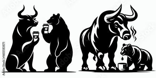 Bull and bear drinking coffee. Retro Cartoon Clipart Silhouette Stock Vector Line Art Illustration. Market animal enjoy java finance concept theme on refreshment break.