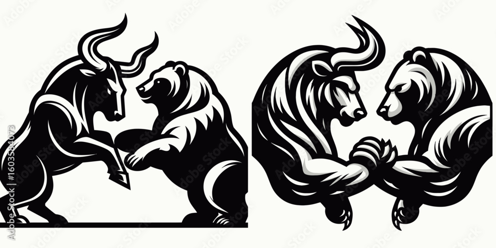 Obraz premium Bull and bear locking horns. Retro Cartoon Clipart Silhouette Stock Vector Line Art Illustration. Market animal conflict financial trading challenge asset battle.