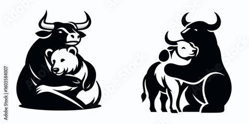 Bull and bear hugging warmly. Retro Cartoon Clipart Silhouette Stock Vector Line Art Illustration. market upturn downturn sharing kind emotion financial accord.