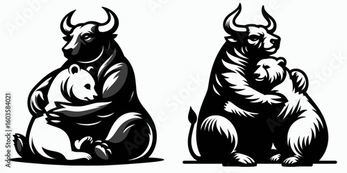 Bull and bear hugging warmly. Retro Cartoon Clipart Silhouette Stock Vector Line Art Illustration. market upturn downturn showing mutual bond positive concept.