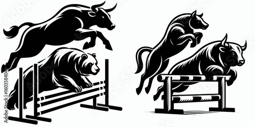 Bull and bear jumping hurdles. Retro Cartoon Clipart Silhouette Stock Vector Line Art Illustration. market rise decline obstacle navigation concept investment theme.