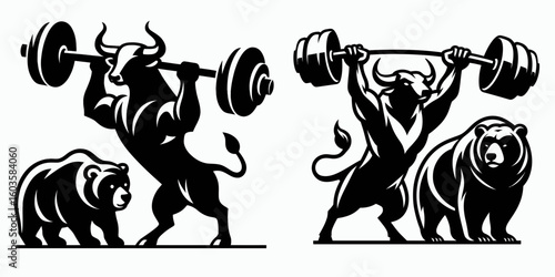 Bull and bear lifting weights. Retro Cartoon Clipart Silhouette Stock Vector Line Art Illustration. Animal strongman workout bovine bruin work on power fitness regime.