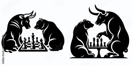 Bull and bear playing chess. Retro Cartoon Clipart Silhouette Stock Vector Line Art Illustration. Market rivals involved in tabletop strategy game financial competition concept.