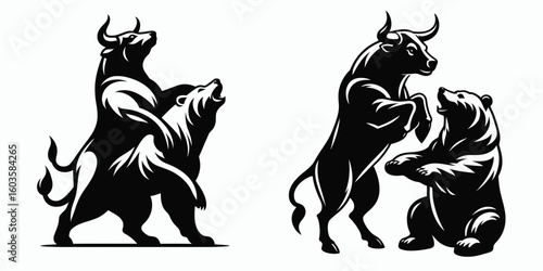 Bull and bear rearing together. Retro Cartoon Clipart Silhouette Stock Vector Line Art Illustration. Market upturn plus downturn advance jointly concept of trade fluctuation.