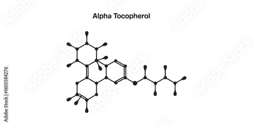 Illustration of alpha tocopherol molecule structure with bonds and atoms on a white background