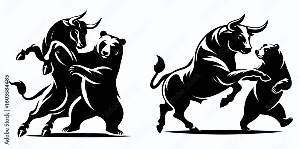 Obraz premium Bull and bear waltzing gracefully. Retro Cartoon Clipart Silhouette Stock Vector Line Art Illustration. market duo a rising animal down animal moving with elegance.