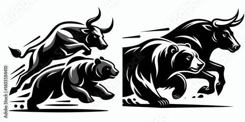 Bull and bear sprinting together. Retro Cartoon Clipart Silhouette Stock Vector Line Art Illustration. Market animal surge finance growth investment peak moving as one.